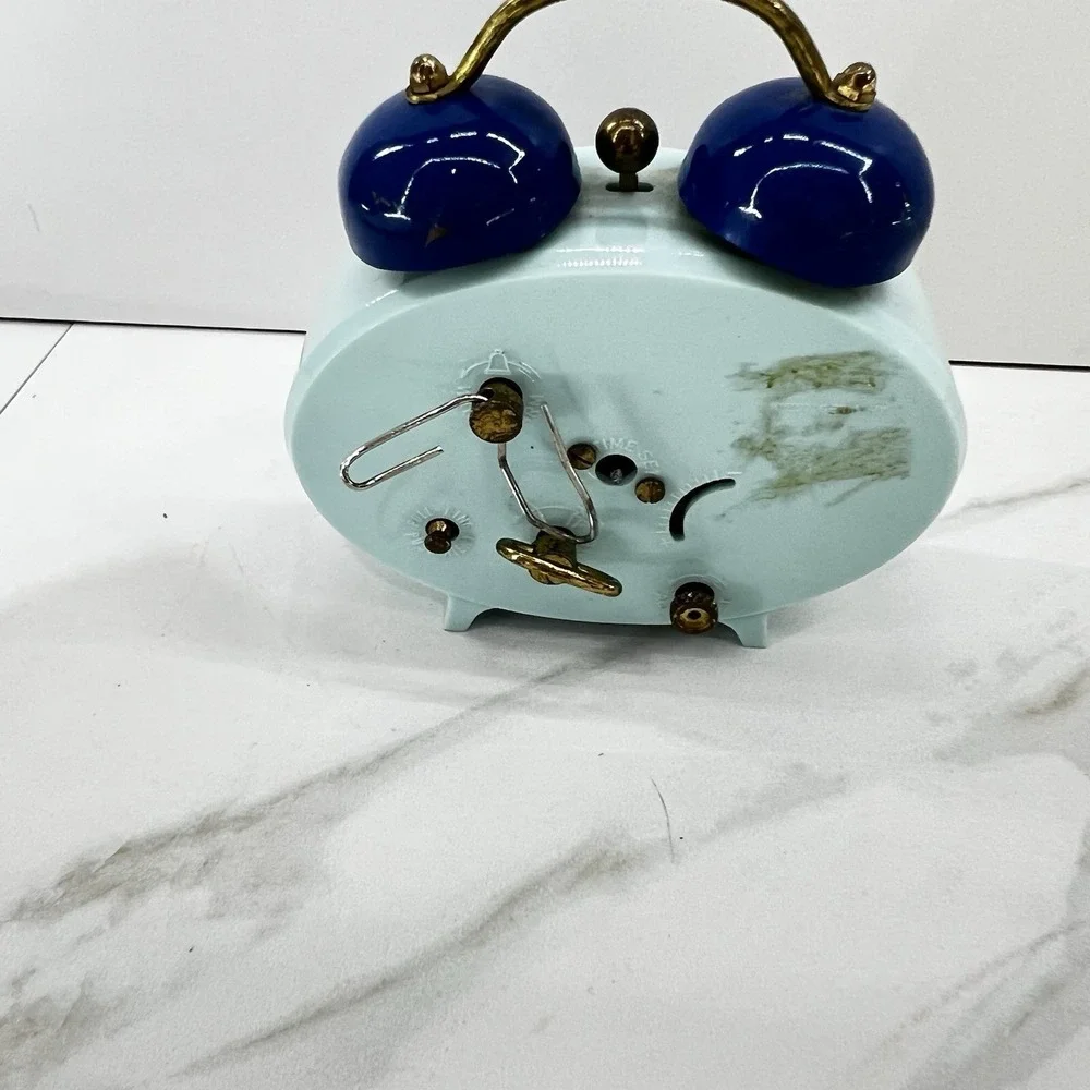 Vtg Bradley West Germany Twin Bell Alarm Clock Blue Brass Wind Up Retro MCM 9.5